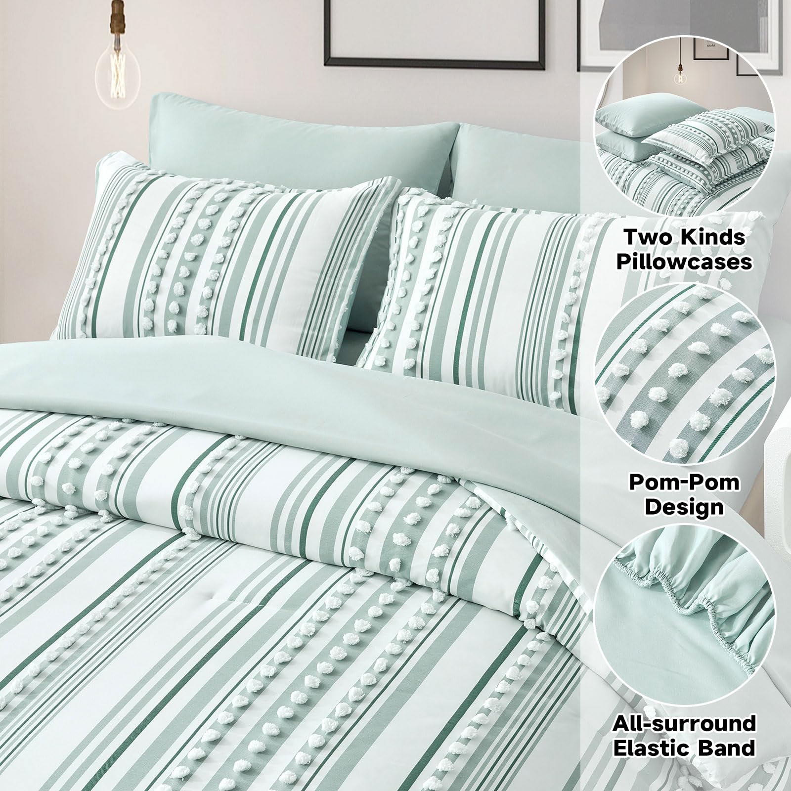 Boho Comforter Set Queen Size Green and White Tufted Ball Striped Design, Shabby Chic Farmhouse Comforter and Sheet Set, 7 Piece Bed in a Bag Pom Pom Complete Bedding Set (90''x90'')