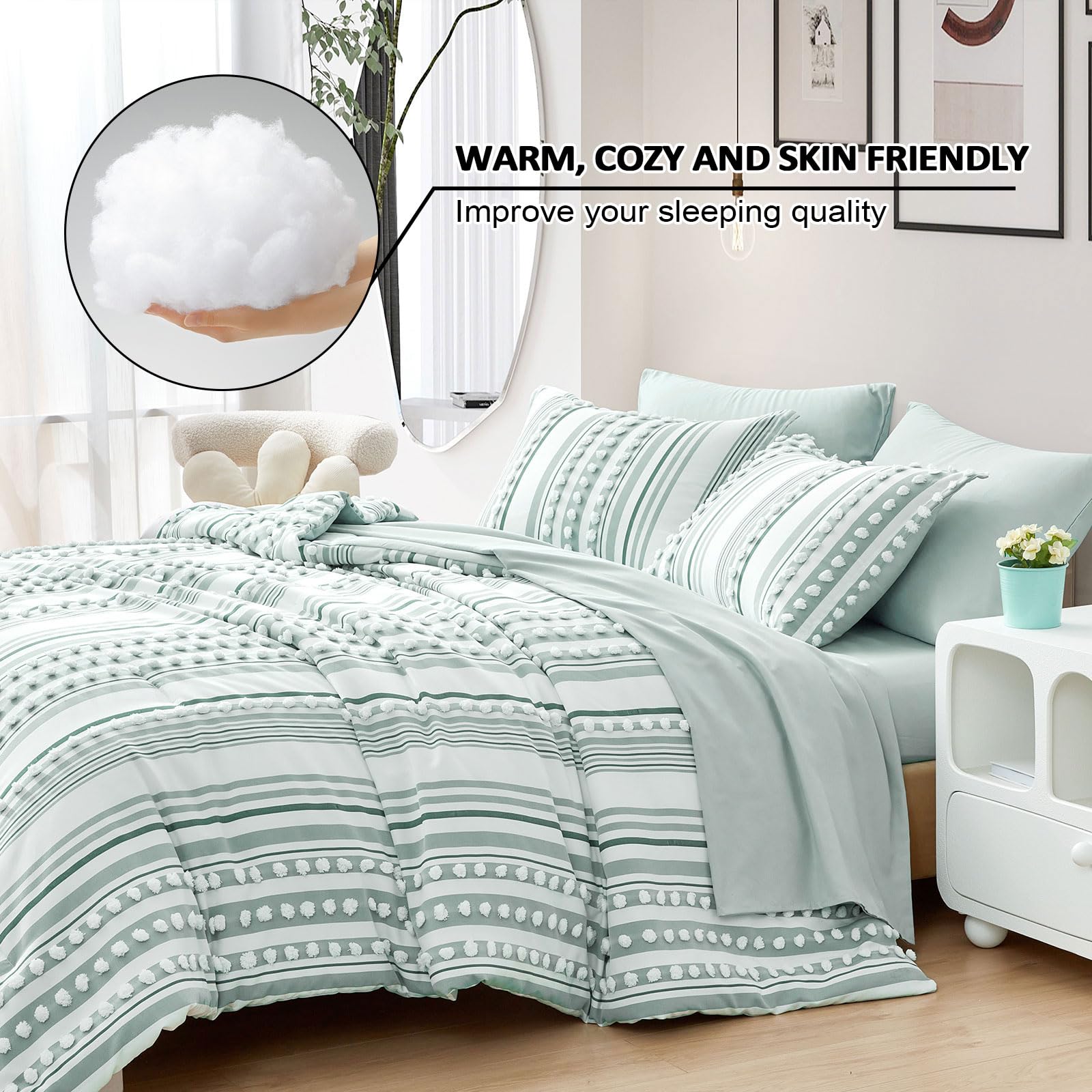 Boho Comforter Set Queen Size Green and White Tufted Ball Striped Design, Shabby Chic Farmhouse Comforter and Sheet Set, 7 Piece Bed in a Bag Pom Pom Complete Bedding Set (90''x90'')