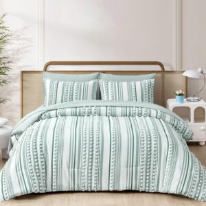 Boho Comforter Set Queen Size Green and White Tufted Ball Striped Design, Shabby Chic Farmhouse Comforter and Sheet Set, 7 Piece Bed in a Bag Pom Pom Complete Bedding Set (90''x90'')