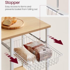 VASAGLE Baker's Rack, Microwave Stand, Kitchen Storage Rack with Wire Basket, 6 Hooks, and Shelves, for Spices, Pots, and Pans, Golden Oak and Cloud White UKKS035W09