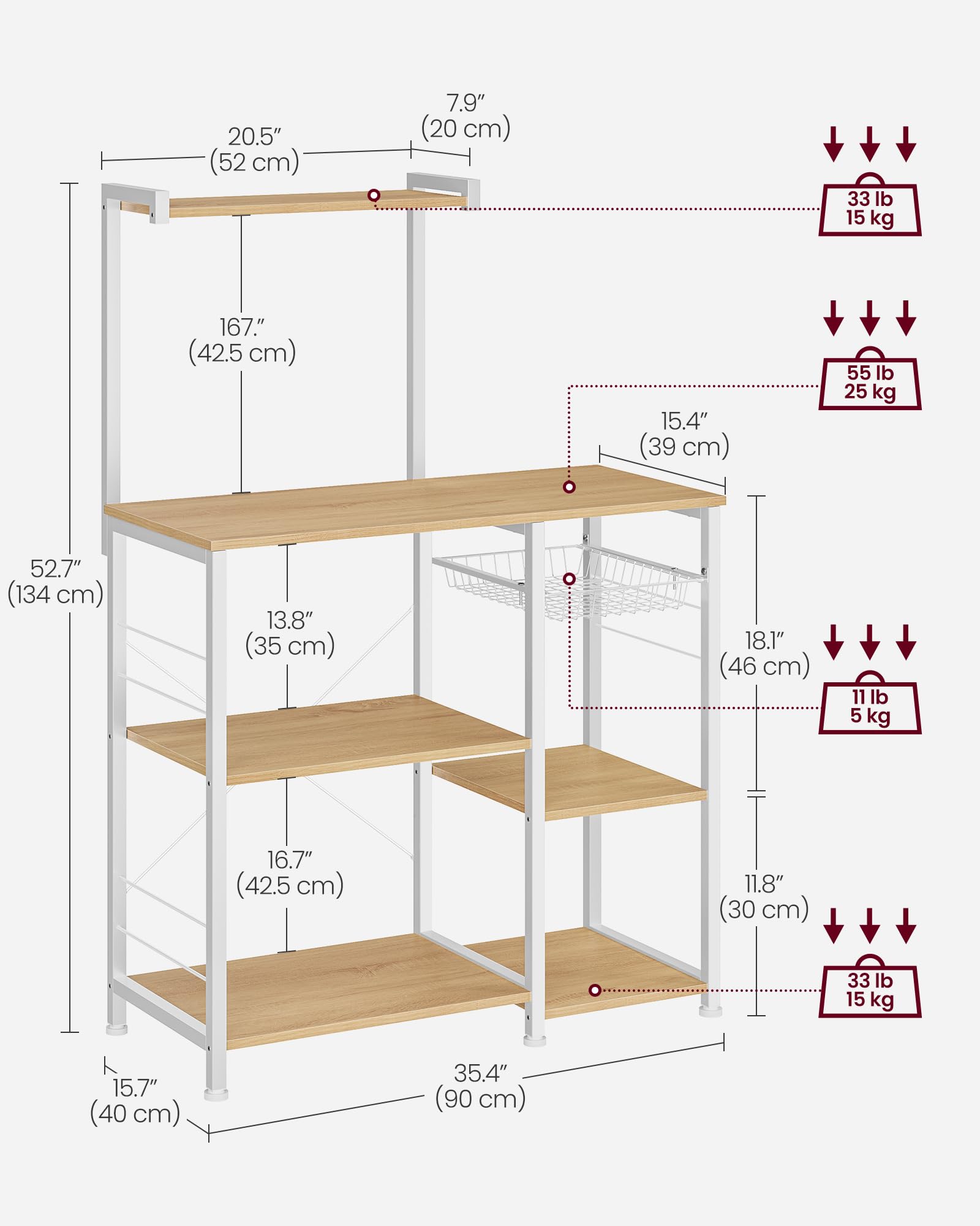 VASAGLE Baker's Rack, Microwave Stand, Kitchen Storage Rack with Wire Basket, 6 Hooks, and Shelves, for Spices, Pots, and Pans, Golden Oak and Cloud White UKKS035W09