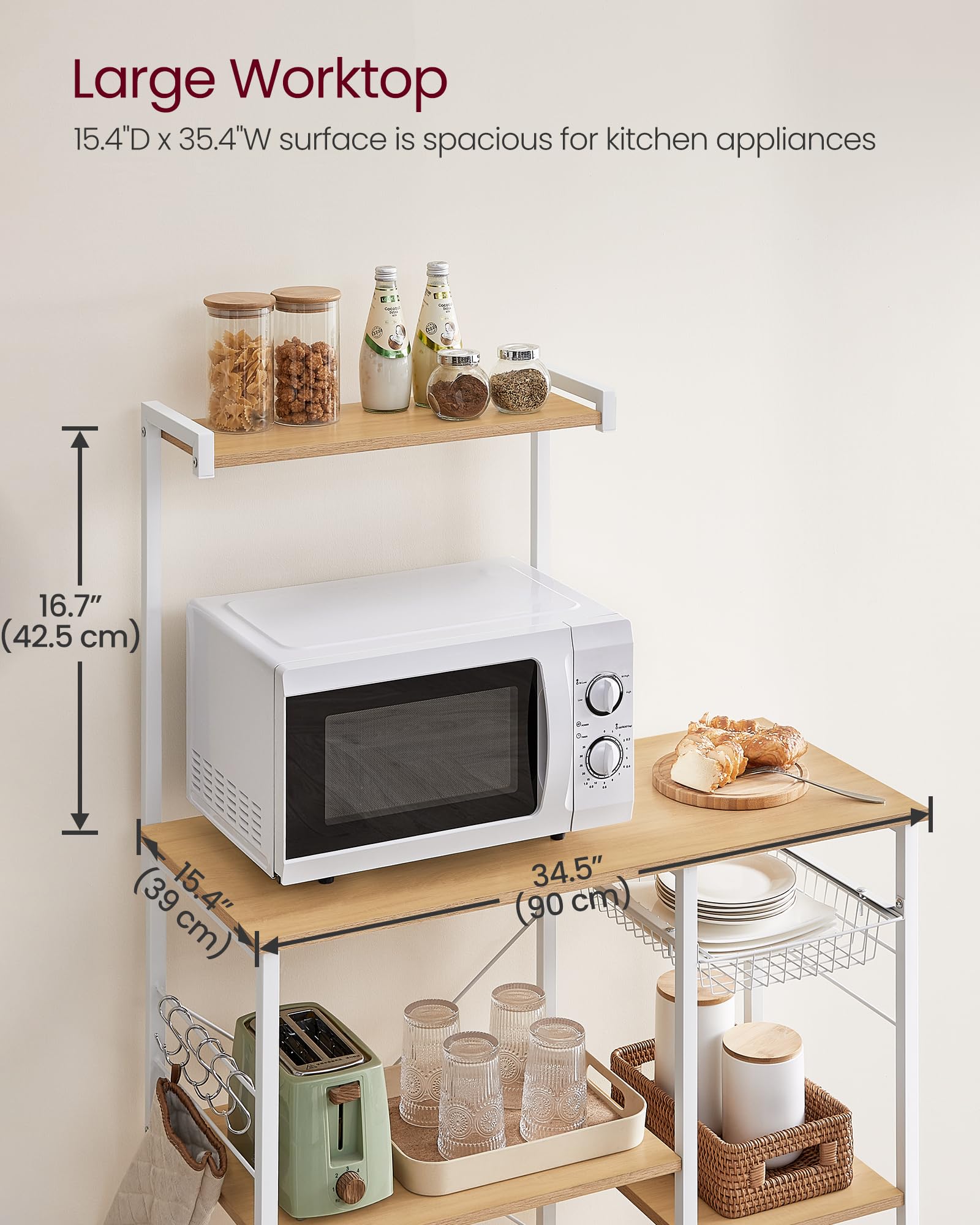 VASAGLE Baker's Rack, Microwave Stand, Kitchen Storage Rack with Wire Basket, 6 Hooks, and Shelves, for Spices, Pots, and Pans, Golden Oak and Cloud White UKKS035W09