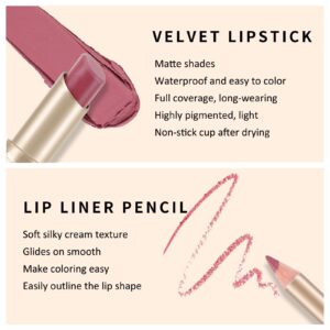 Boobeen 2 Pcs Lip Liner and Lipstick Set, Ultra-Long-Lasting Nude Matte LipLiner High Pigmented Soft Creamy Lipstick Waterproof Lip Color, Lip Makeup Gift Kit for Women