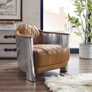 art leon genuine leather chair, mid century industrial accent arm chair, club barrel chair with aluminum patchwork, light brown