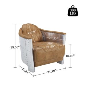 Art Leon Genuine Leather Chair, Mid Century Industrial Accent Arm Chair, Club Barrel Chair with Aluminum Patchwork, Light Brown