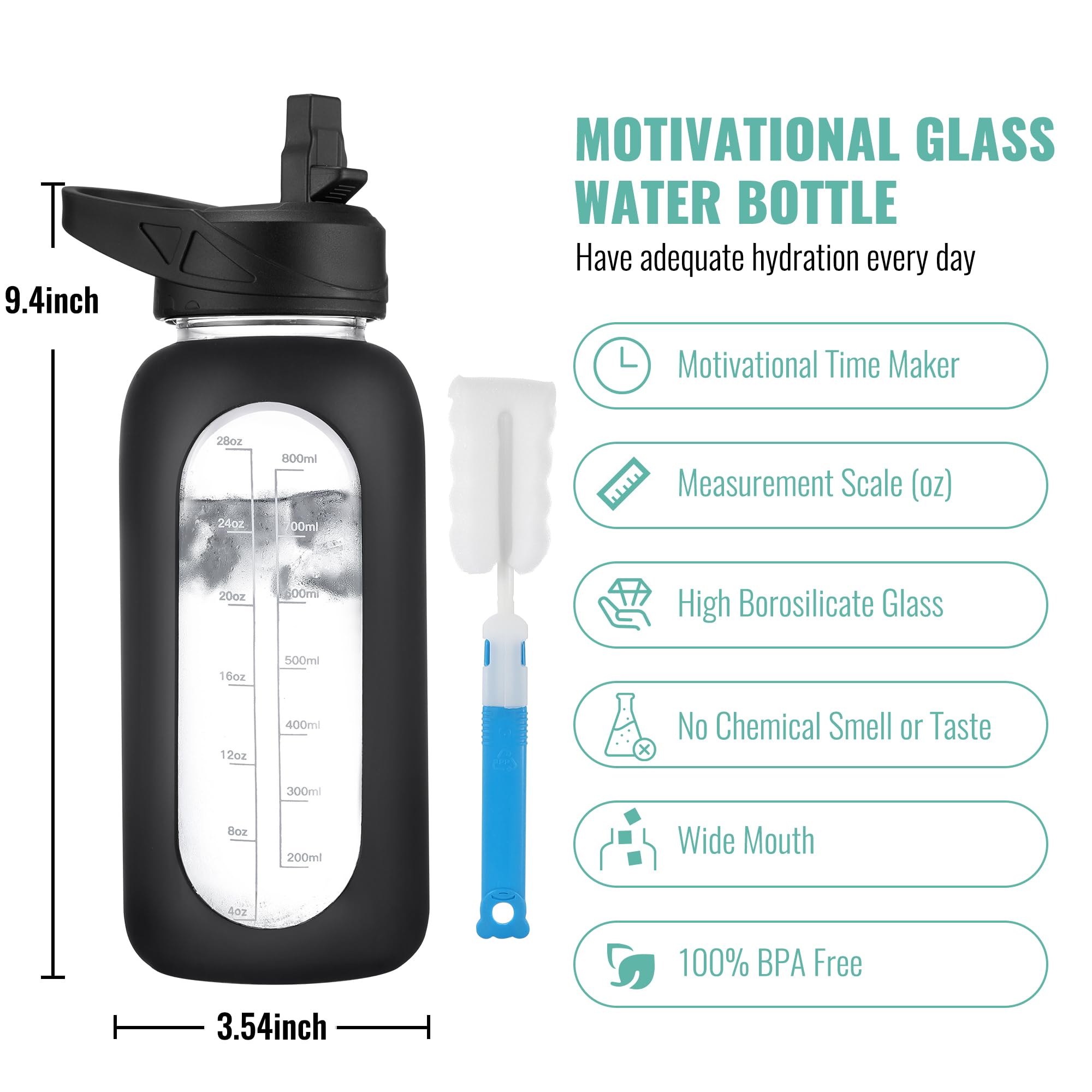 CIVAGO 32 oz Glass Water Bottle with Straw and Handle, Large Sports Motivational Water Bottle Flask with Time Marker and 2 Lids, Leakproof Water Jug Canteen with Silicone Sleeve for Gym,Black