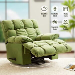 Oversized Rocker Recliner Chair, Manual Swivel Rocker Recliner for Living Room, Overstuffed Rocking Chair with Breathable Velvety Fabric, Soft Padded Headrest and Armrest, Green3