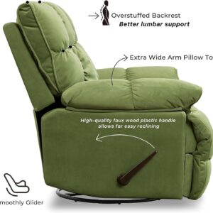 Oversized Rocker Recliner Chair, Manual Swivel Rocker Recliner for Living Room, Overstuffed Rocking Chair with Breathable Velvety Fabric, Soft Padded Headrest and Armrest, Green3