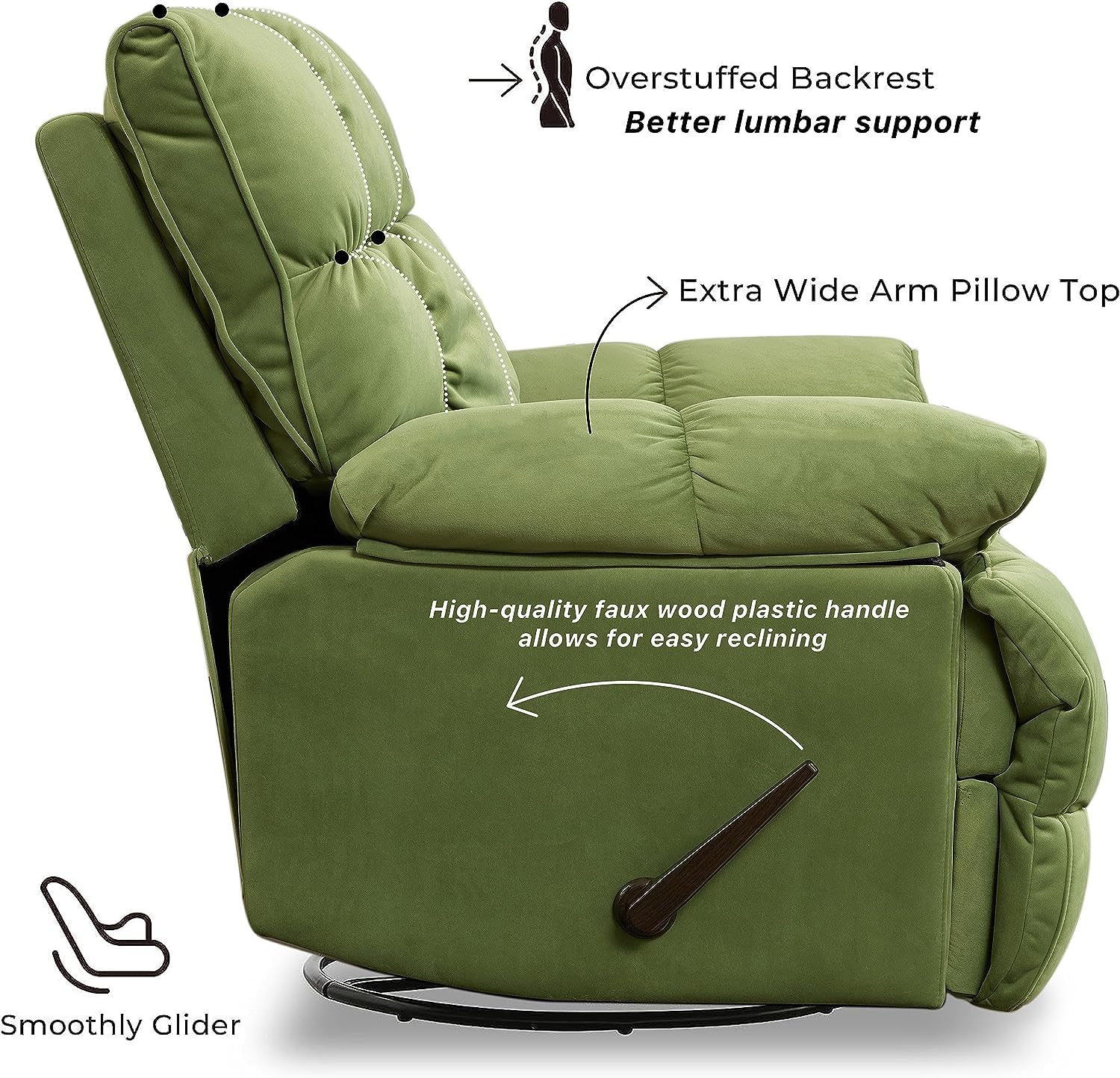 Oversized Rocker Recliner Chair, Manual Swivel Rocker Recliner for Living Room, Overstuffed Rocking Chair with Breathable Velvety Fabric, Soft Padded Headrest and Armrest, Green3