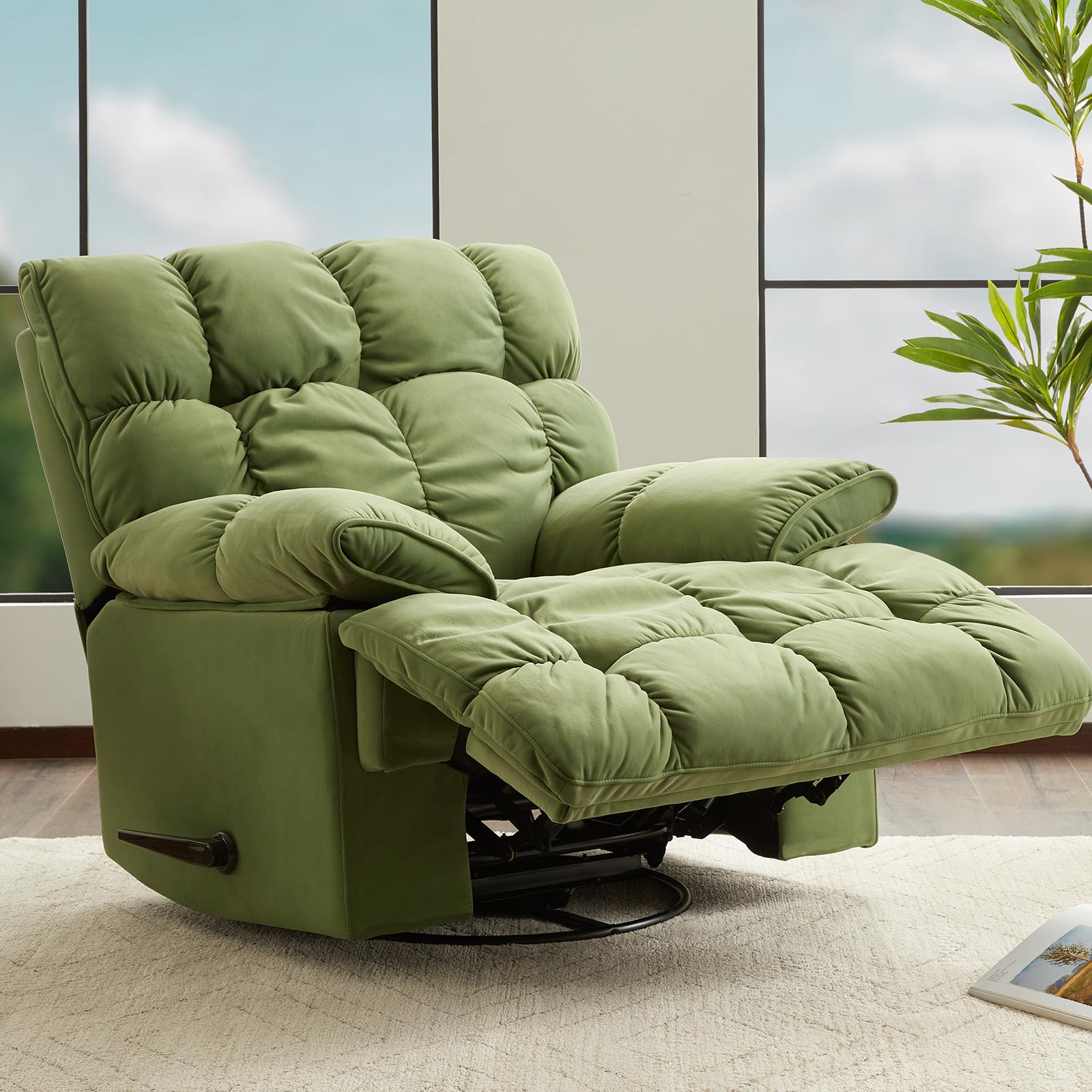 Oversized Rocker Recliner Chair, Manual Swivel Rocker Recliner for Living Room, Overstuffed Rocking Chair with Breathable Velvety Fabric, Soft Padded Headrest and Armrest, Green3