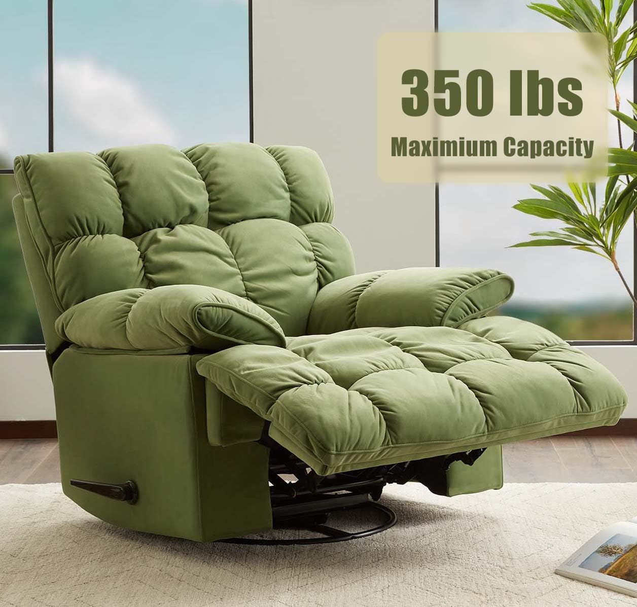 Oversized Rocker Recliner Chair, Manual Swivel Rocker Recliner for Living Room, Overstuffed Rocking Chair with Breathable Velvety Fabric, Soft Padded Headrest and Armrest, Green3