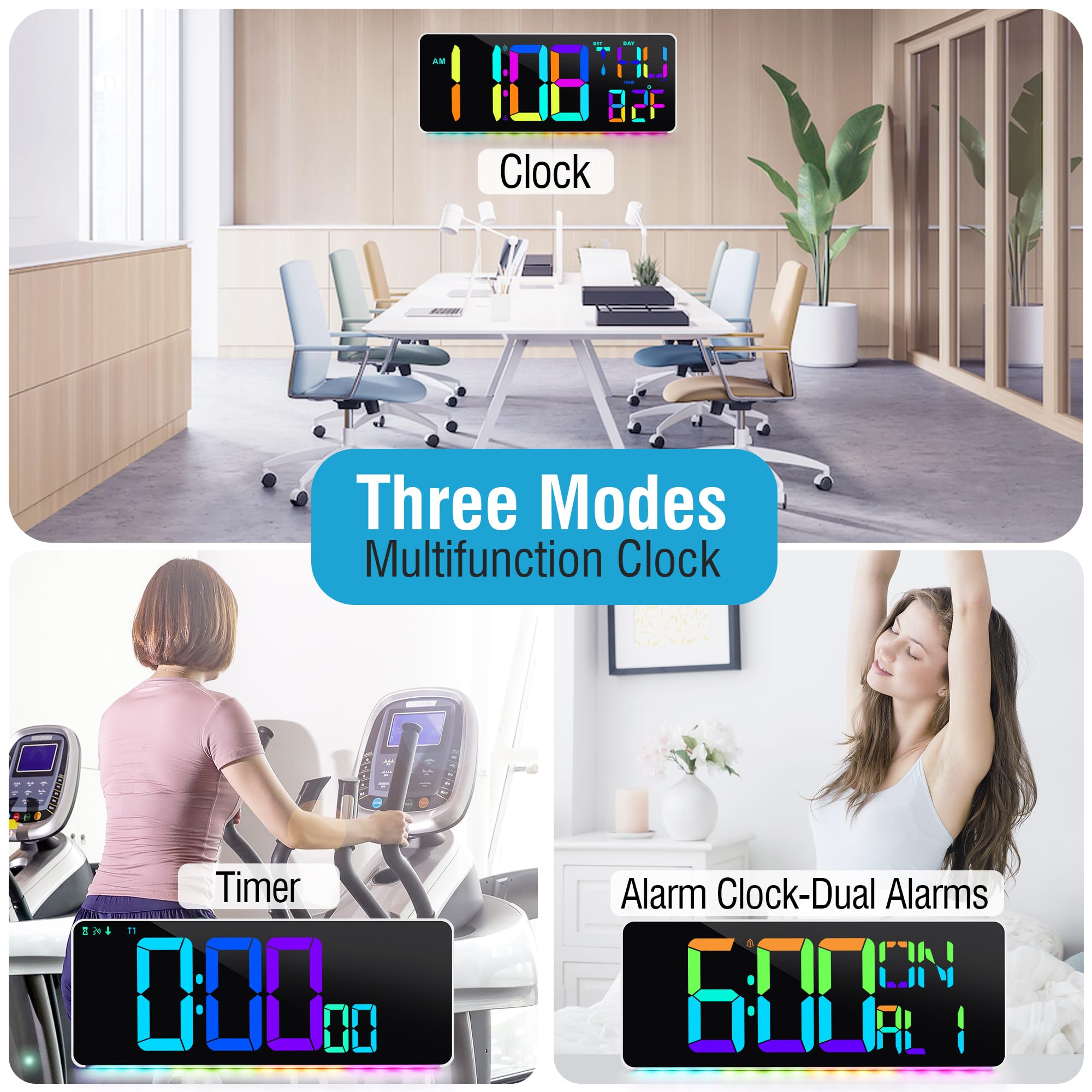 TXL Digital Wall Clock Large Display, 13.7" Large Digital Clock with Remote Control, Dual Alarm, Count Up/Down Timer, RGB Color Changing LED Wall Clock for Classroom, Bedroom, Living Room