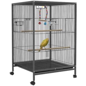 pawhut metal bird cage with stand for parrots, lovebirds, finches, large bird cage with swing, stainless steel bowls, removable tray for small birds, gray