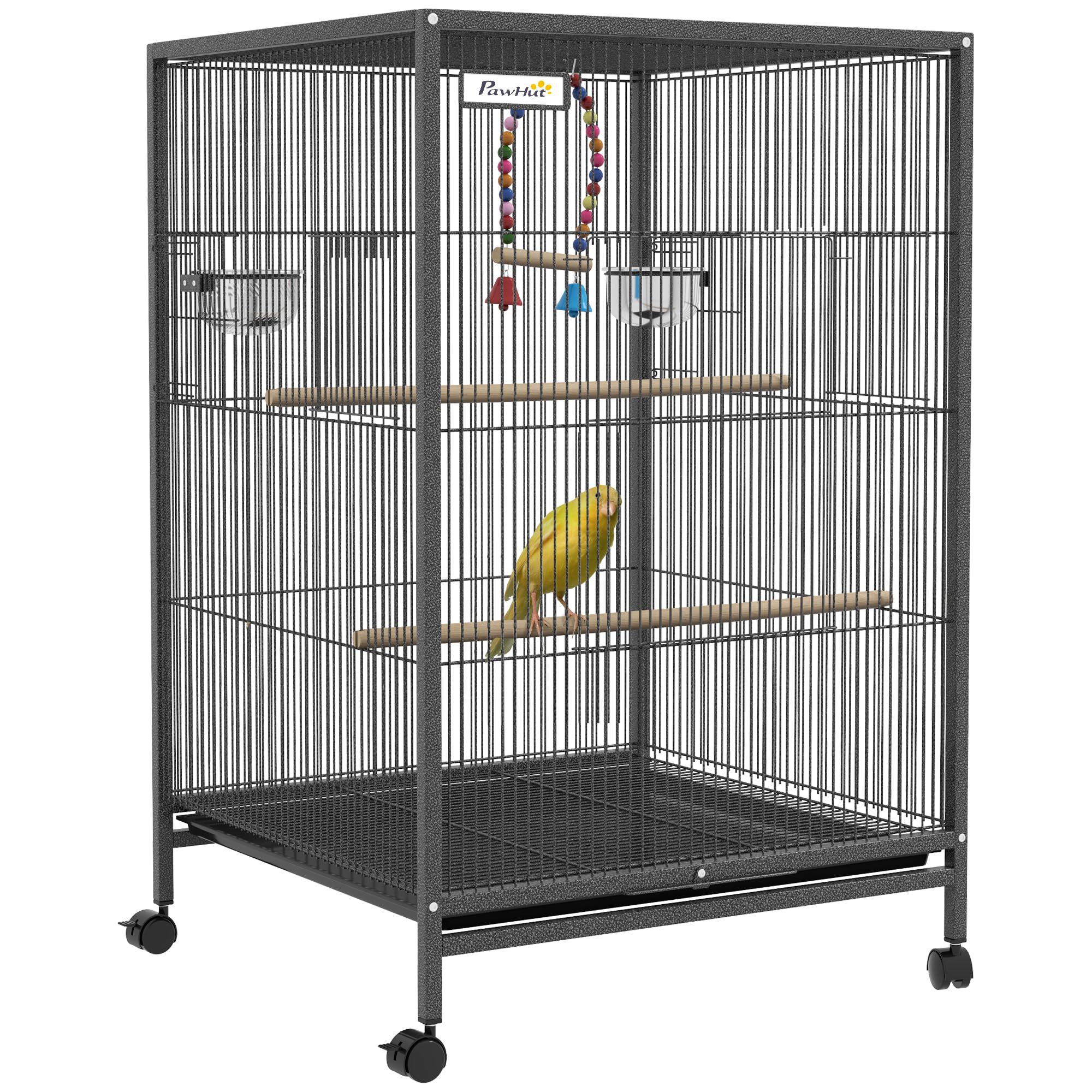 Pawhut Metal Bird Cage with Stand for Parrots, Lovebirds, Finches, Large Bird Cage with Swing, Stainless Steel Bowls, Removable Tray for Small Birds, Gray