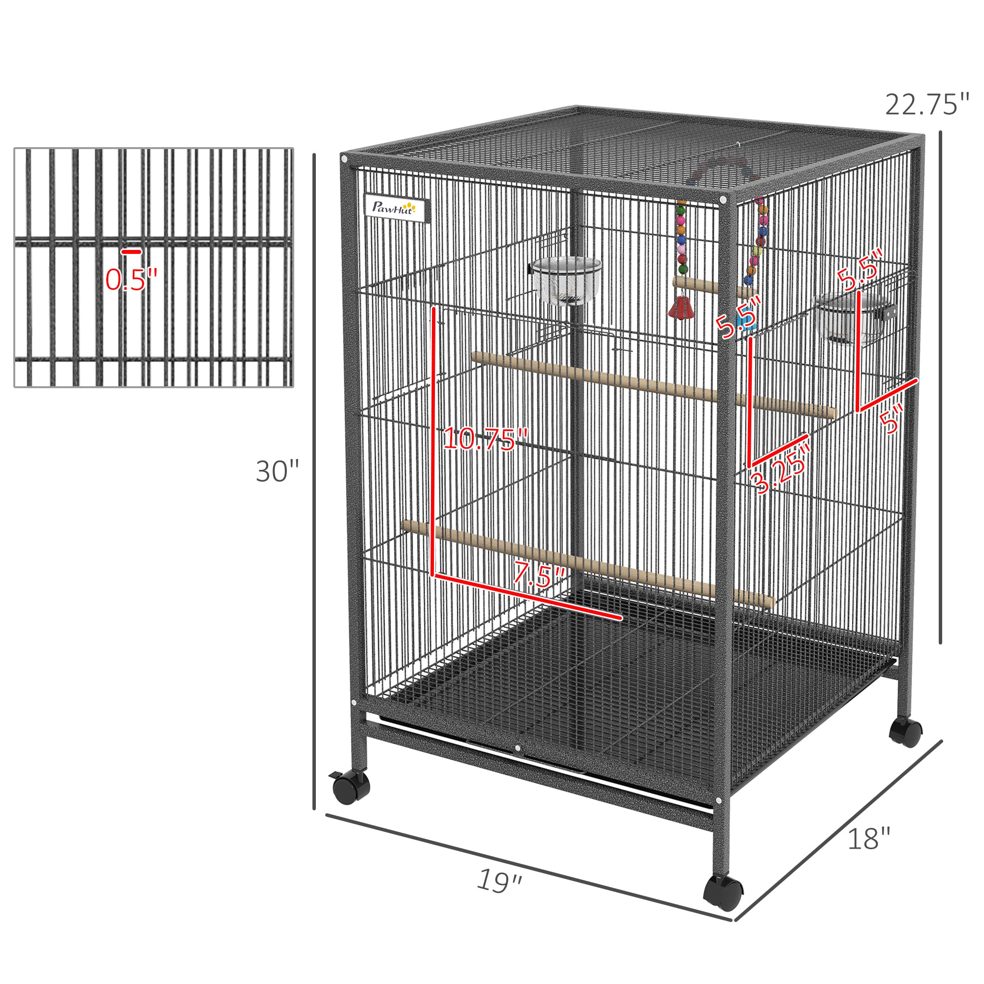 Pawhut Metal Bird Cage with Stand for Parrots, Lovebirds, Finches, Large Bird Cage with Swing, Stainless Steel Bowls, Removable Tray for Small Birds, Gray