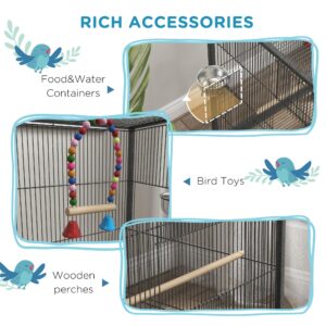 Pawhut Metal Bird Cage with Stand for Parrots, Lovebirds, Finches, Large Bird Cage with Swing, Stainless Steel Bowls, Removable Tray for Small Birds, Gray