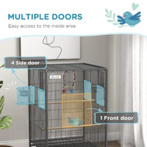 Pawhut Metal Bird Cage with Stand for Parrots, Lovebirds, Finches, Large Bird Cage with Swing, Stainless Steel Bowls, Removable Tray for Small Birds, Gray