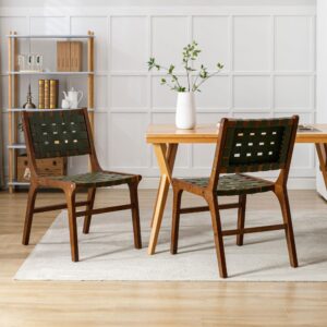 DM Furniture Farmhouse Dining Chairs PU Leather Kitchen Chairs Set of 2 Modern Woven Strips Side Chairs Comfy Wood Legs Accent Chair for Dining Room/Living Room/Bedroom/Restaurant, Green