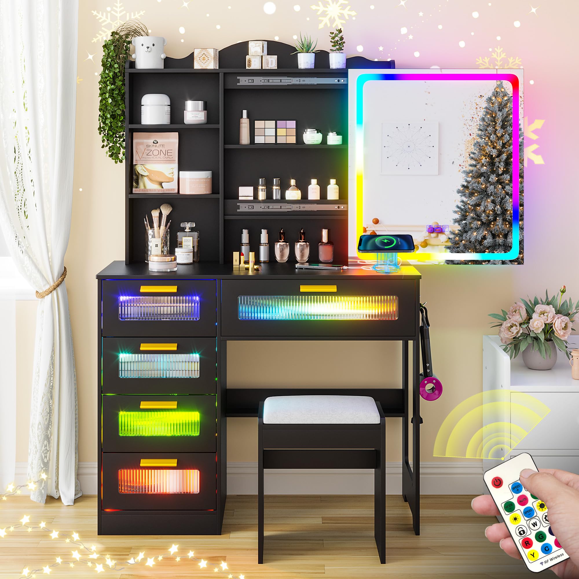 FOMNEY RGB LED Vanity Desk with Mirror and Lights, Makeup Vanity Desk with 3-in-1 Charging Station, Vanity Set with Stools＆Sliding Mirror, Make UP Table with 5 Drawers (Black)