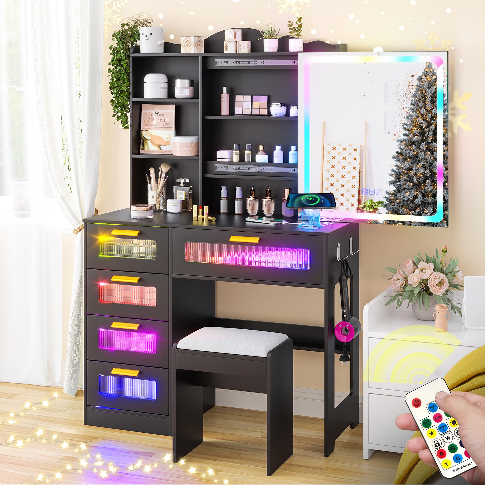 FOMNEY RGB LED Vanity Desk with Mirror and Lights, Makeup Vanity Desk with 3-in-1 Charging Station, Vanity Set with Stools＆Sliding Mirror, Make UP Table with 5 Drawers (Black)