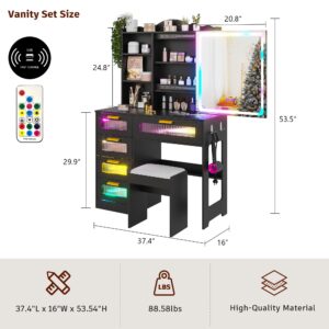 FOMNEY RGB LED Vanity Desk with Mirror and Lights, Makeup Vanity Desk with 3-in-1 Charging Station, Vanity Set with Stools＆Sliding Mirror, Make UP Table with 5 Drawers (Black)