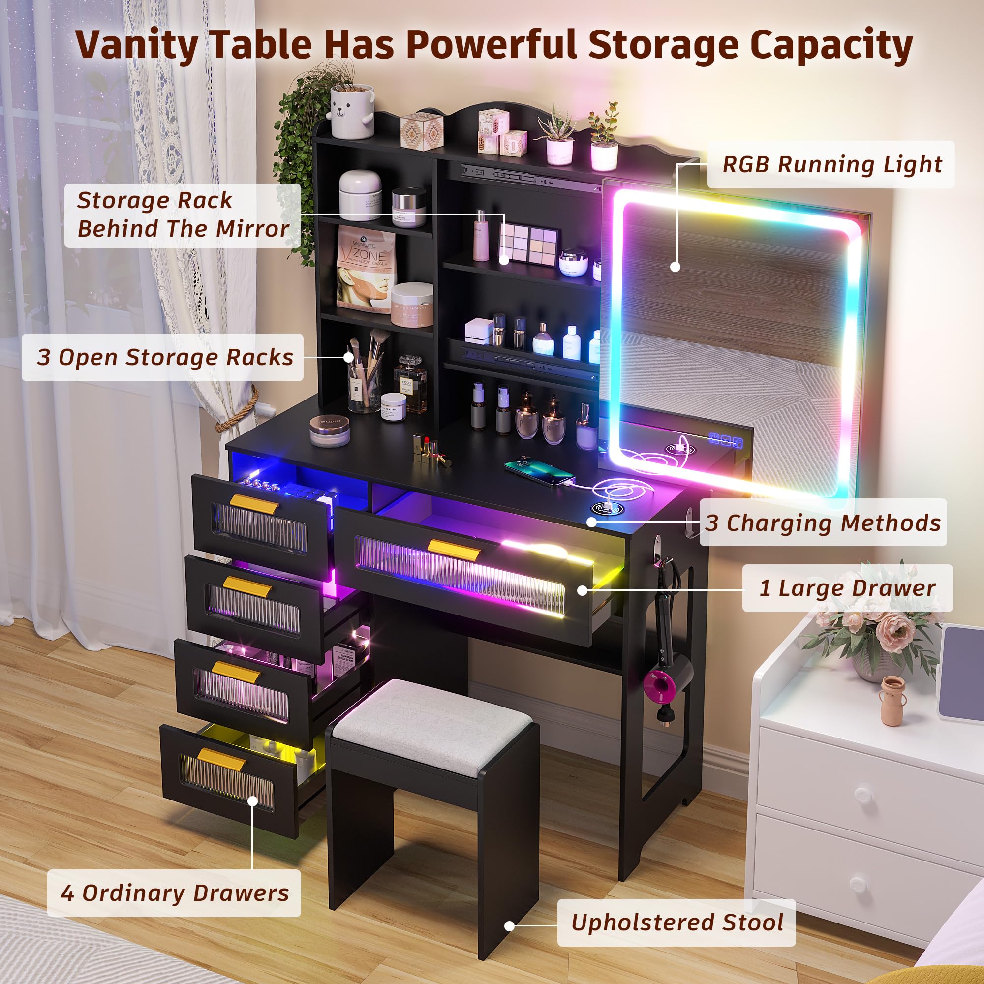 FOMNEY RGB LED Vanity Desk with Mirror and Lights, Makeup Vanity Desk with 3-in-1 Charging Station, Vanity Set with Stools＆Sliding Mirror, Make UP Table with 5 Drawers (Black)