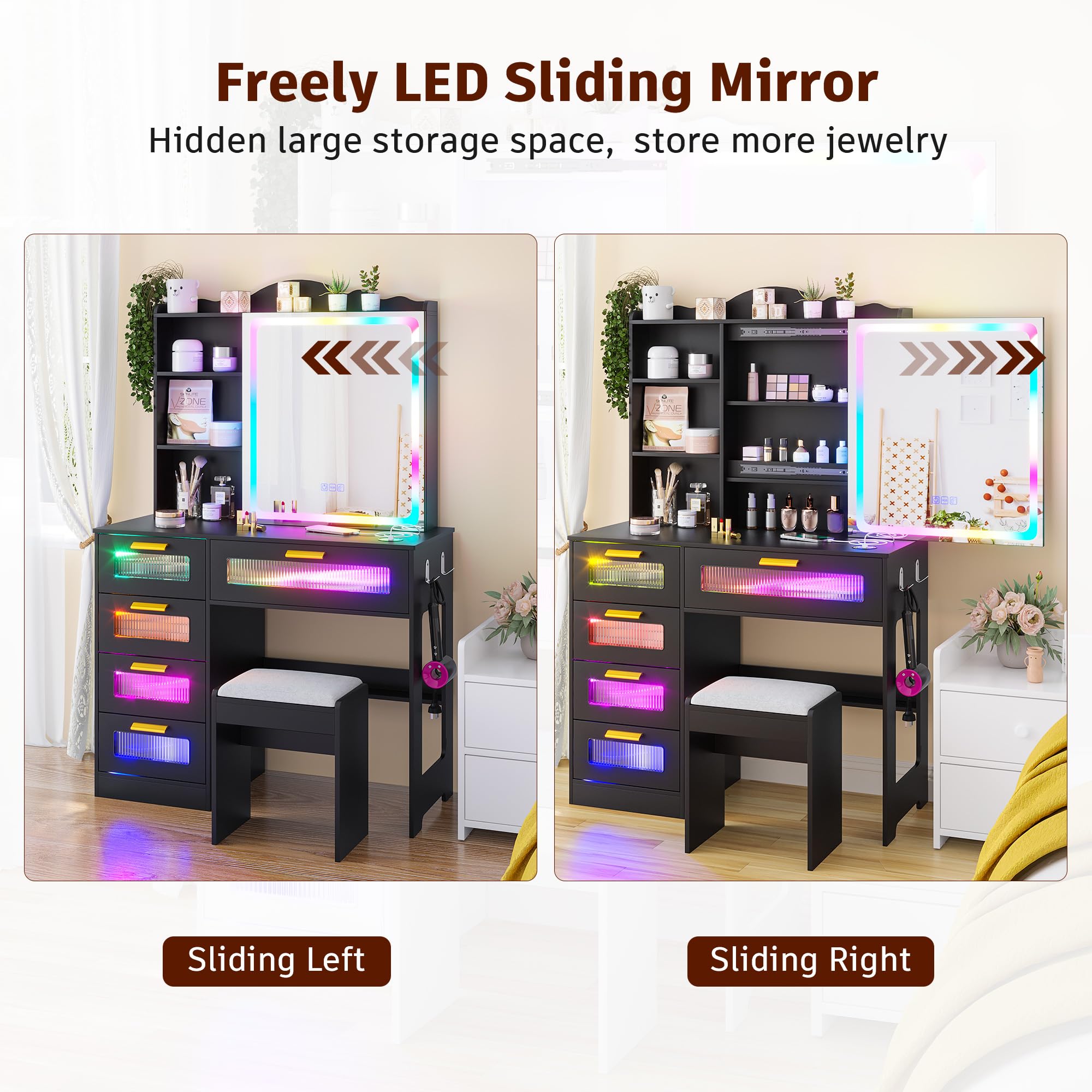 FOMNEY RGB LED Vanity Desk with Mirror and Lights, Makeup Vanity Desk with 3-in-1 Charging Station, Vanity Set with Stools＆Sliding Mirror, Make UP Table with 5 Drawers (Black)