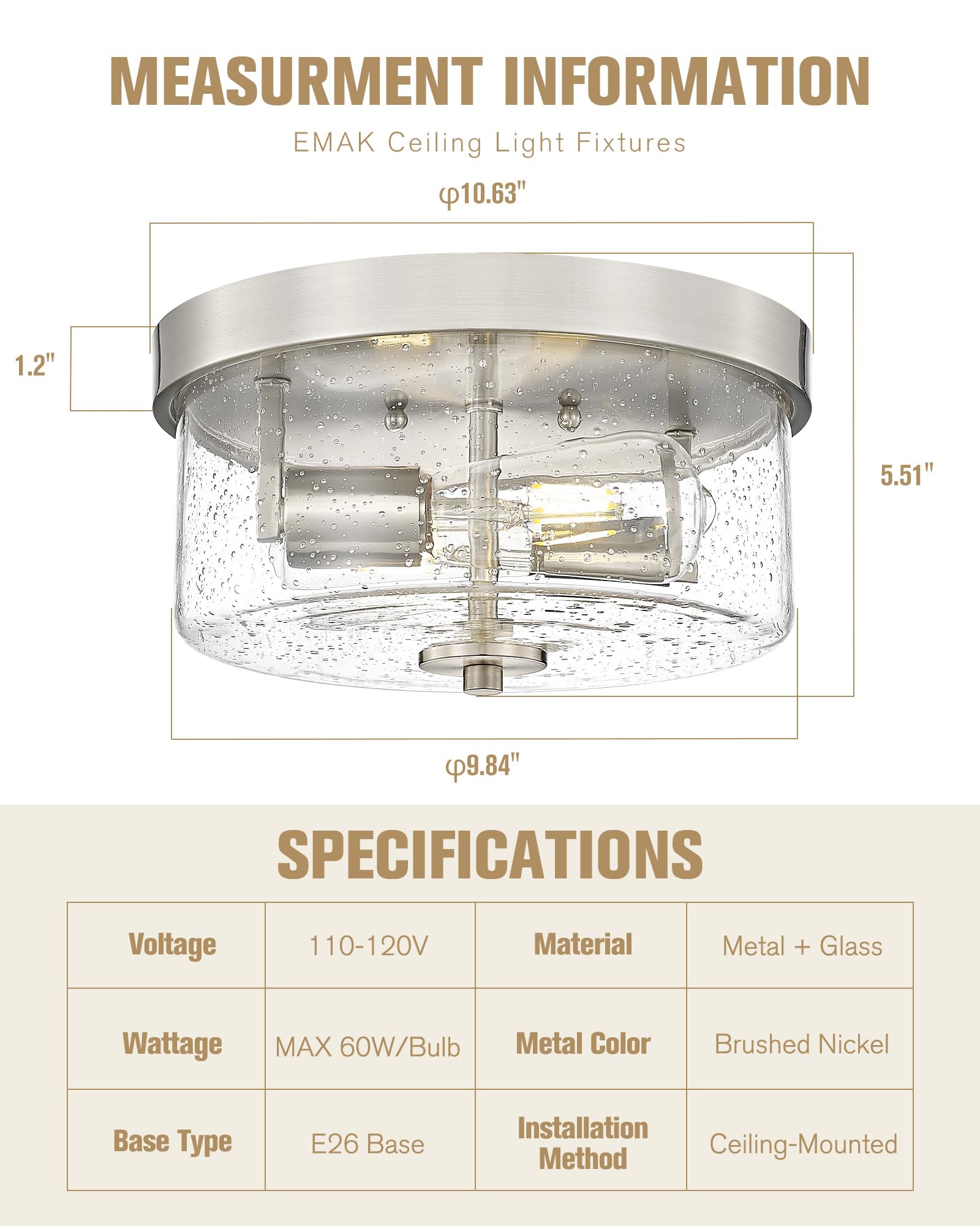 Emak 2-Light Brushed Nickel Ceiling Light Fixture, 11 Inch Flush Mount Light Fixture with Seeded Glass Shade for Bedroom, Living Room, Kitchen, Hallway, Bathroom, FM082-BN