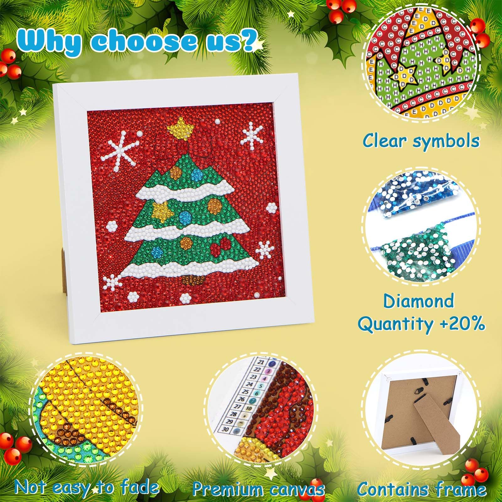 AyuqEjus 5D Diamond Art Kits for Kids with 7.1"X7.1"Wooden Frame, Diamond Art for Kids Ages 6-12 by Number Kits DIY Painting Arts and Crafts,Diamond Dots for Kids Gift (Christmas tree)