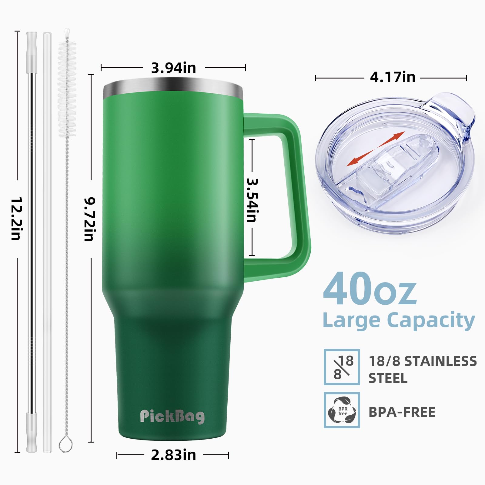 40 oz Tumbler with Handle and Straw, 100% Leak Proof Tumblers Cup, Stainless Steel Insulated Travel Coffee Mug, Keeps Drinks Cold for 24 Hours or Hot for 10 Hours, Fit for Car Cup Holder, Green