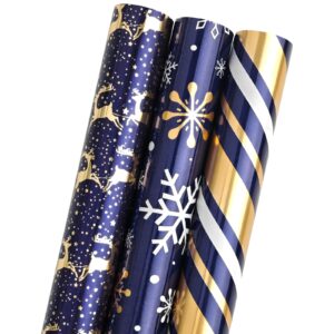 ldgooael mini short small christmas wrapping paper roll with cut lines on reverse (17" x 120" per roll) - navy blue with gold foil design for holiday, birthday