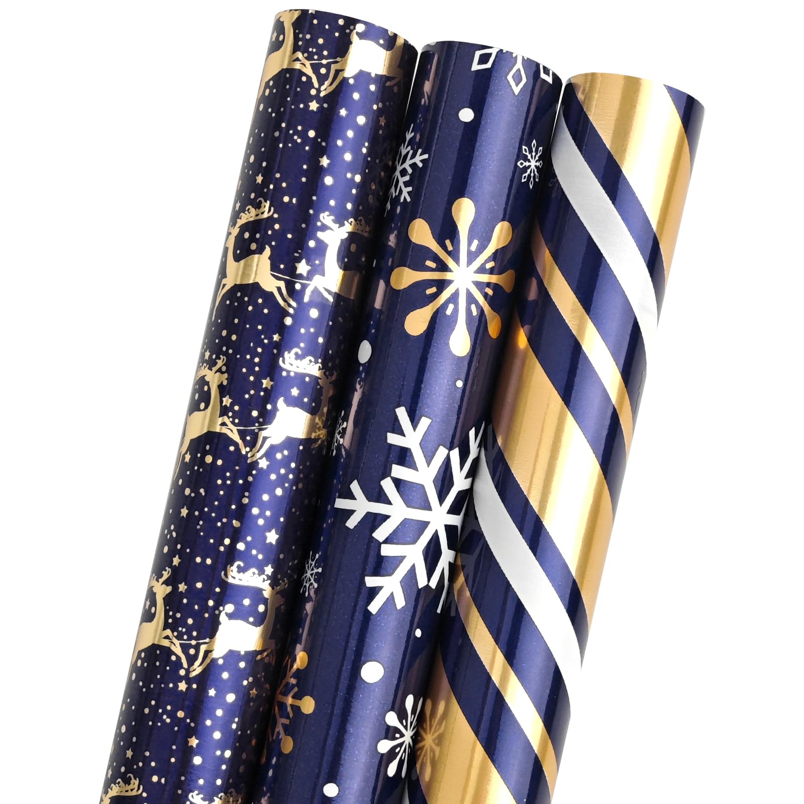 LDGOOAEL Mini Short Small Christmas Wrapping Paper Roll with Cut Lines on Reverse (17" X 120" Per Roll) - Navy Blue with Gold Foil Design for Holiday, Birthday