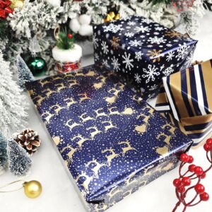 LDGOOAEL Mini Short Small Christmas Wrapping Paper Roll with Cut Lines on Reverse (17" X 120" Per Roll) - Navy Blue with Gold Foil Design for Holiday, Birthday