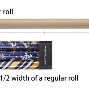 LDGOOAEL Mini Short Small Christmas Wrapping Paper Roll with Cut Lines on Reverse (17" X 120" Per Roll) - Navy Blue with Gold Foil Design for Holiday, Birthday