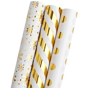 ldgooael mini short small christmas wrapping paper roll (17" x 120") - gold foil snowflakes stripe polka dot design for holiday, birthday