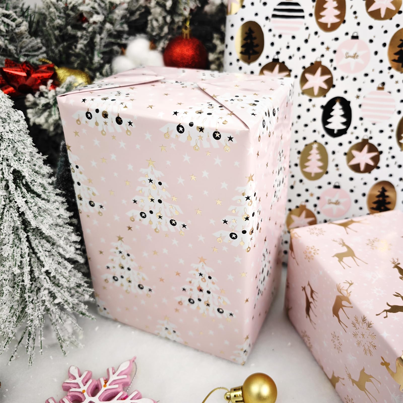 LDGOOAEL Mini Short Small Christmas Wrapping Paper Roll with Cut Lines on Reverse (17" X 120" Per Roll) - Pink Gift Wrap with Christmas Deer&Tree Design for Holiday, Birthday, Wedding, Baby Shower