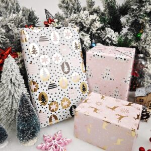 LDGOOAEL Mini Short Small Christmas Wrapping Paper Roll with Cut Lines on Reverse (17" X 120" Per Roll) - Pink Gift Wrap with Christmas Deer&Tree Design for Holiday, Birthday, Wedding, Baby Shower