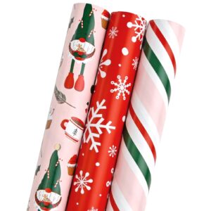 LDGOOAEL Mini Short Small Christmas Wrapping Paper Roll with Cut Lines on Reverse (17" X 120" Per Roll) - Pink Gift Wrap with Gnome&Snowflake Design for Holiday, Birthday