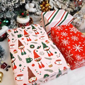 LDGOOAEL Mini Short Small Christmas Wrapping Paper Roll with Cut Lines on Reverse (17" X 120" Per Roll) - Pink Gift Wrap with Gnome&Snowflake Design for Holiday, Birthday