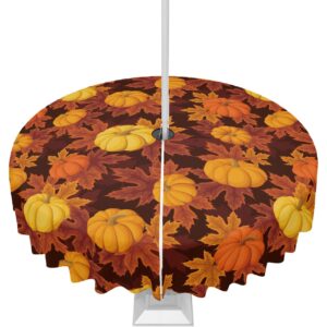 Thanksgiving Outdoor Tablecloths with Umbrella Hole and Zipper, Fall Pumpkin Maple Leaves Orange Yellow Brown Waterproof/Stain Resistant Round Table Cloth 54'' Patio Table Cover for Picnic/Party