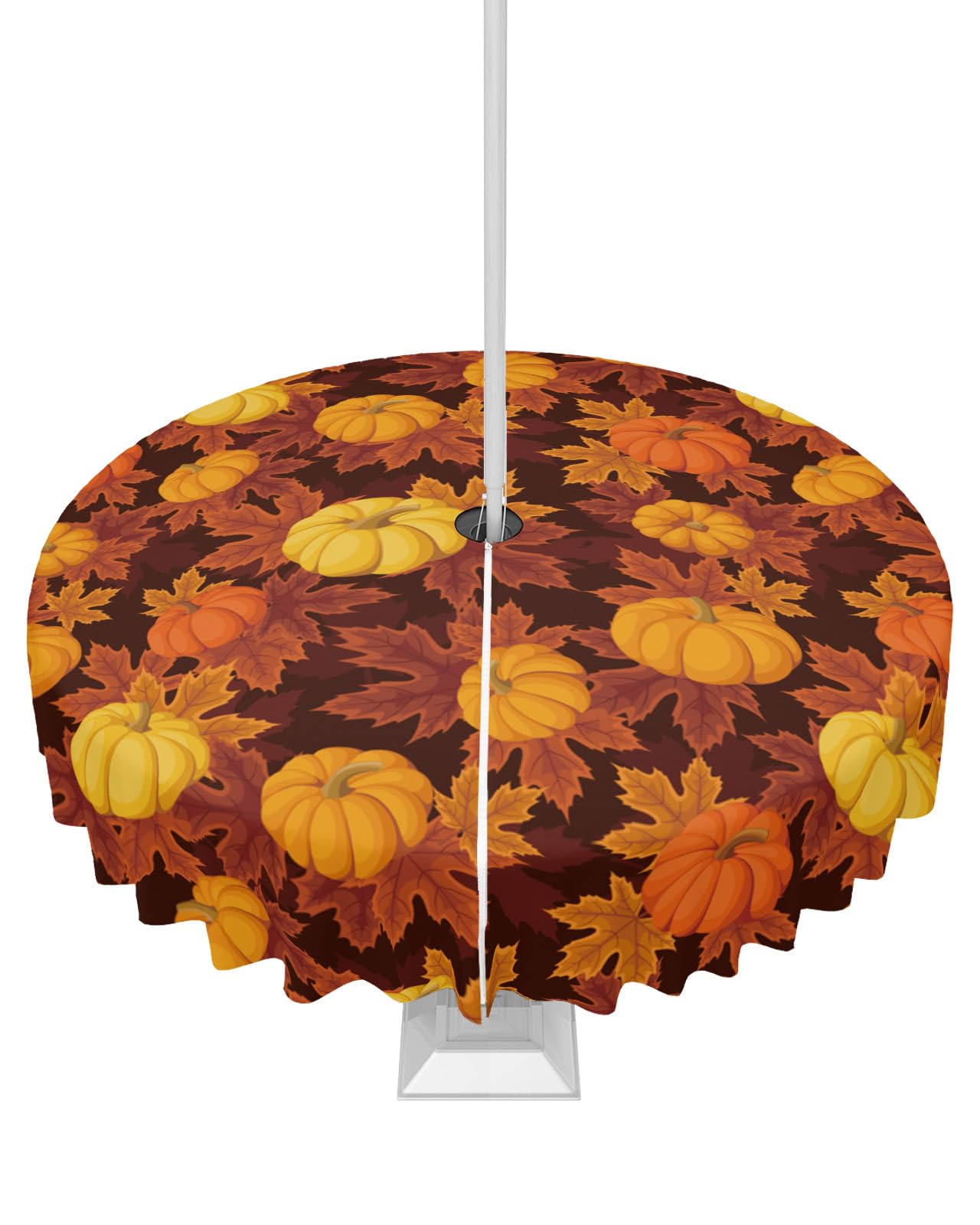 Thanksgiving Outdoor Tablecloths with Umbrella Hole and Zipper, Fall Pumpkin Maple Leaves Orange Yellow Brown Waterproof/Stain Resistant Round Table Cloth 54'' Patio Table Cover for Picnic/Party