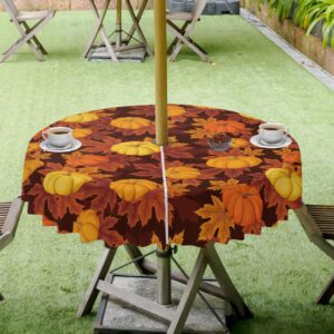 Thanksgiving Outdoor Tablecloths with Umbrella Hole and Zipper, Fall Pumpkin Maple Leaves Orange Yellow Brown Waterproof/Stain Resistant Round Table Cloth 54'' Patio Table Cover for Picnic/Party