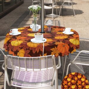 Thanksgiving Outdoor Tablecloths with Umbrella Hole and Zipper, Fall Pumpkin Maple Leaves Orange Yellow Brown Waterproof/Stain Resistant Round Table Cloth 54'' Patio Table Cover for Picnic/Party