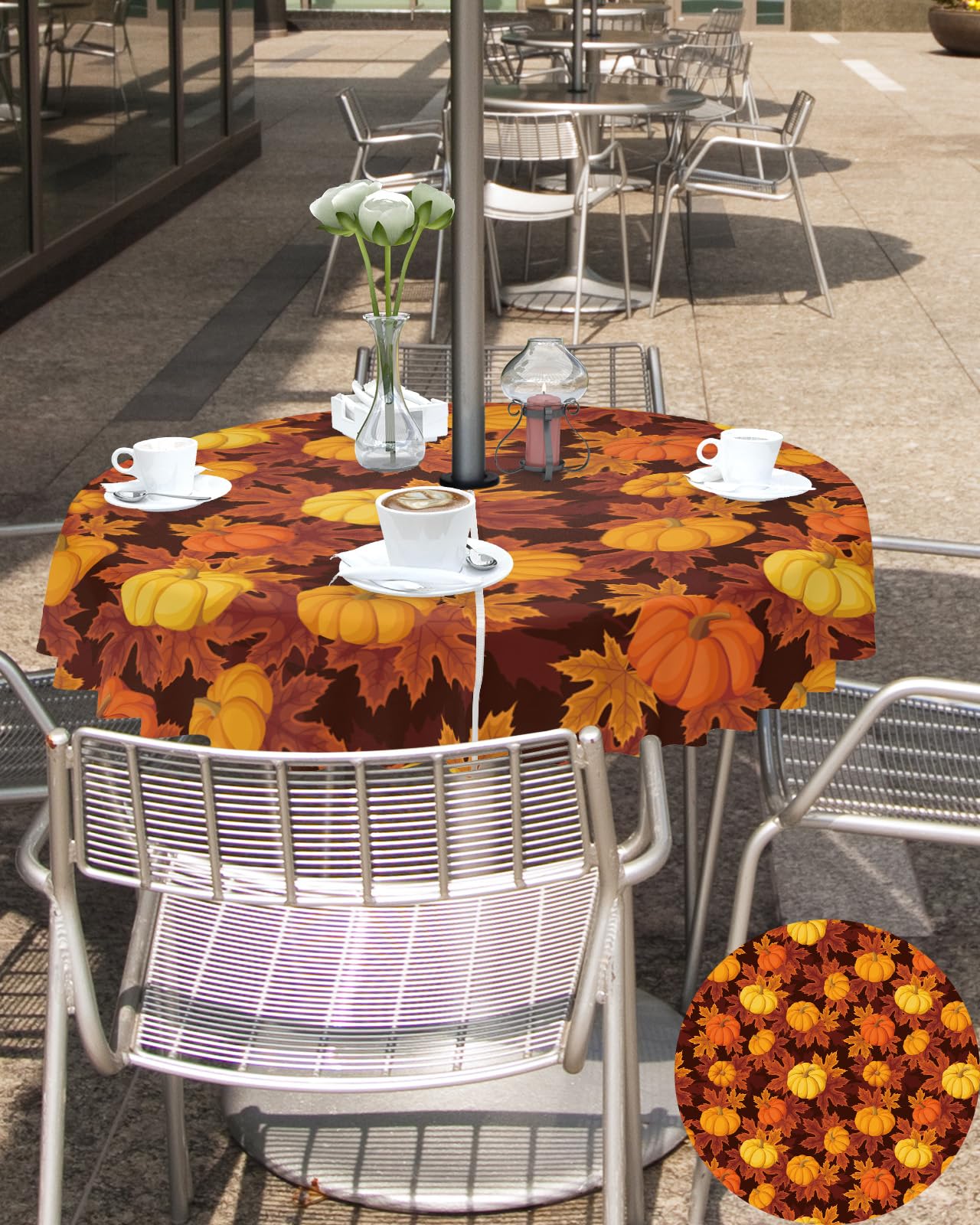 Thanksgiving Outdoor Tablecloths with Umbrella Hole and Zipper, Fall Pumpkin Maple Leaves Orange Yellow Brown Waterproof/Stain Resistant Round Table Cloth 54'' Patio Table Cover for Picnic/Party