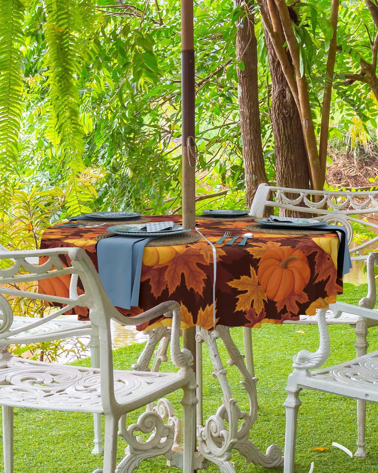 Thanksgiving Outdoor Tablecloths with Umbrella Hole and Zipper, Fall Pumpkin Maple Leaves Orange Yellow Brown Waterproof/Stain Resistant Round Table Cloth 54'' Patio Table Cover for Picnic/Party