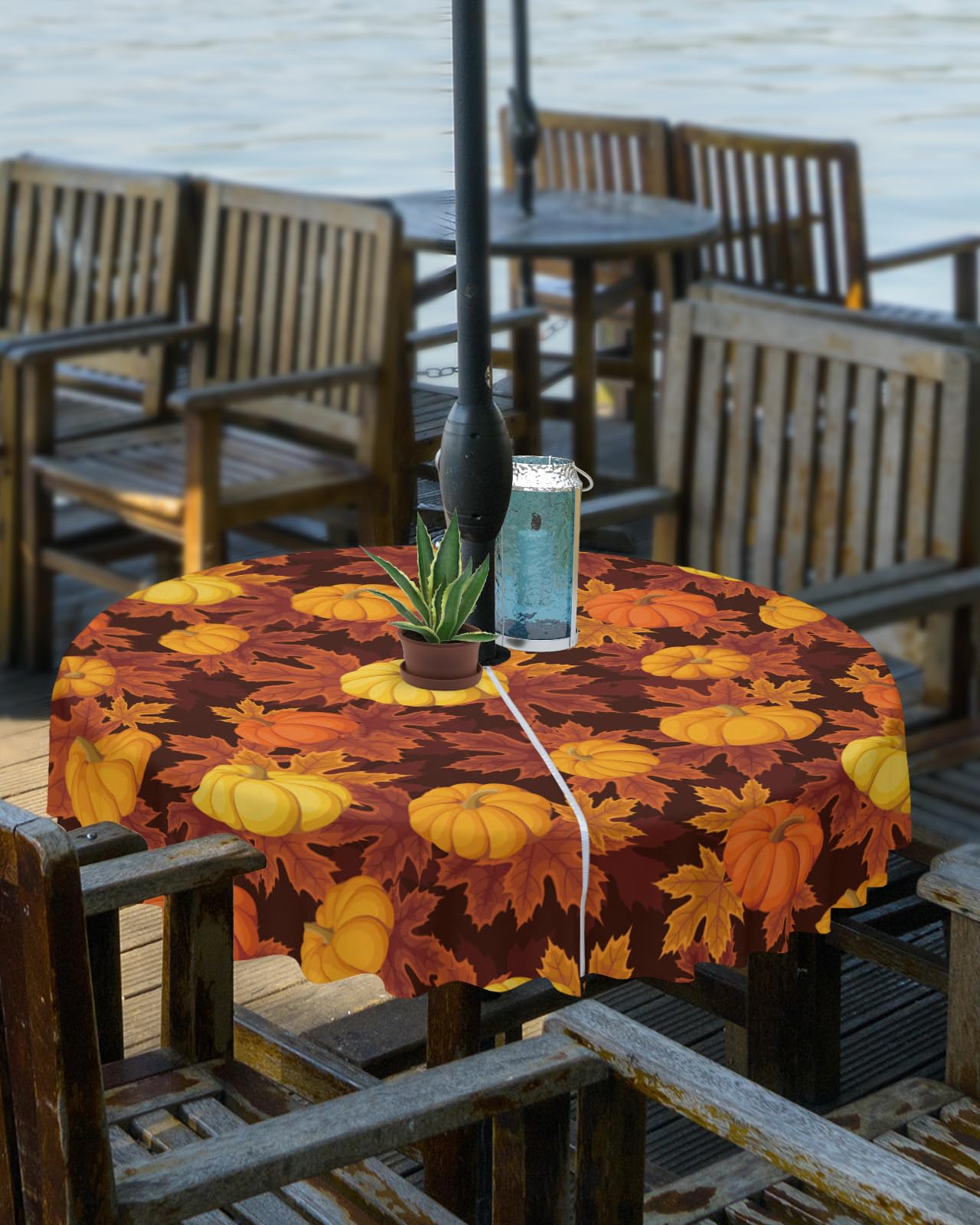 Thanksgiving Outdoor Tablecloths with Umbrella Hole and Zipper, Fall Pumpkin Maple Leaves Orange Yellow Brown Waterproof/Stain Resistant Round Table Cloth 54'' Patio Table Cover for Picnic/Party