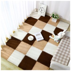 12"x12" x0.4" thickened interlocking carpet tiles plush foam floor mats,diy cuttable square foam puzzle play area rug,soft anti-slip climbing mats (size:10pcs,color:white + light coffee + dark coffee)