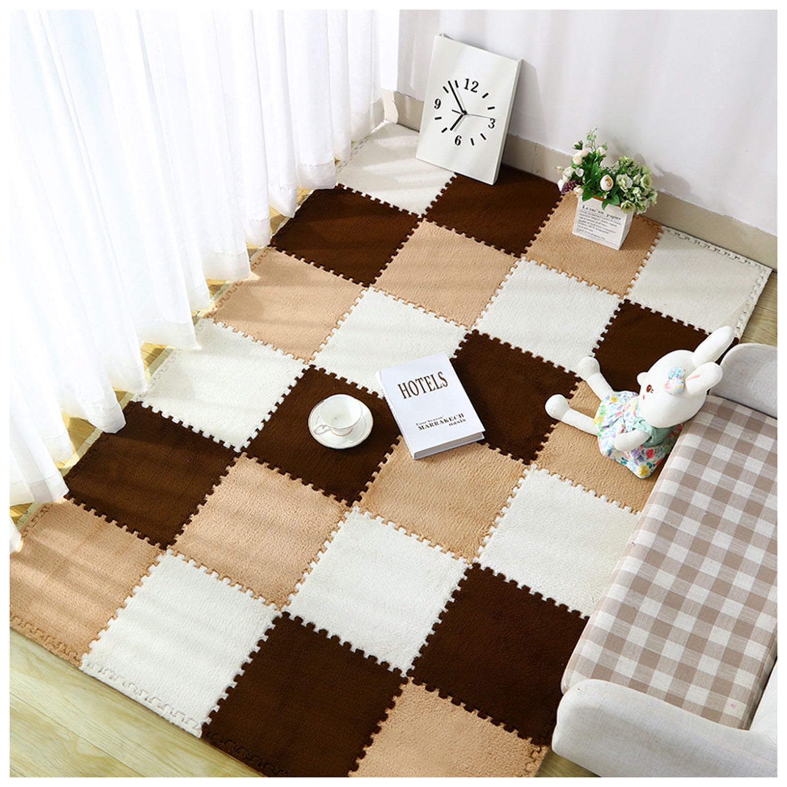 12"X12" X0.4" Thickened Interlocking Carpet Tiles Plush Foam Floor Mats,DIY Cuttable Square Foam Puzzle Play Area Rug,Soft Anti-Slip Climbing Mats (Size:10pcs,Color:White + light coffee + dark coffee)