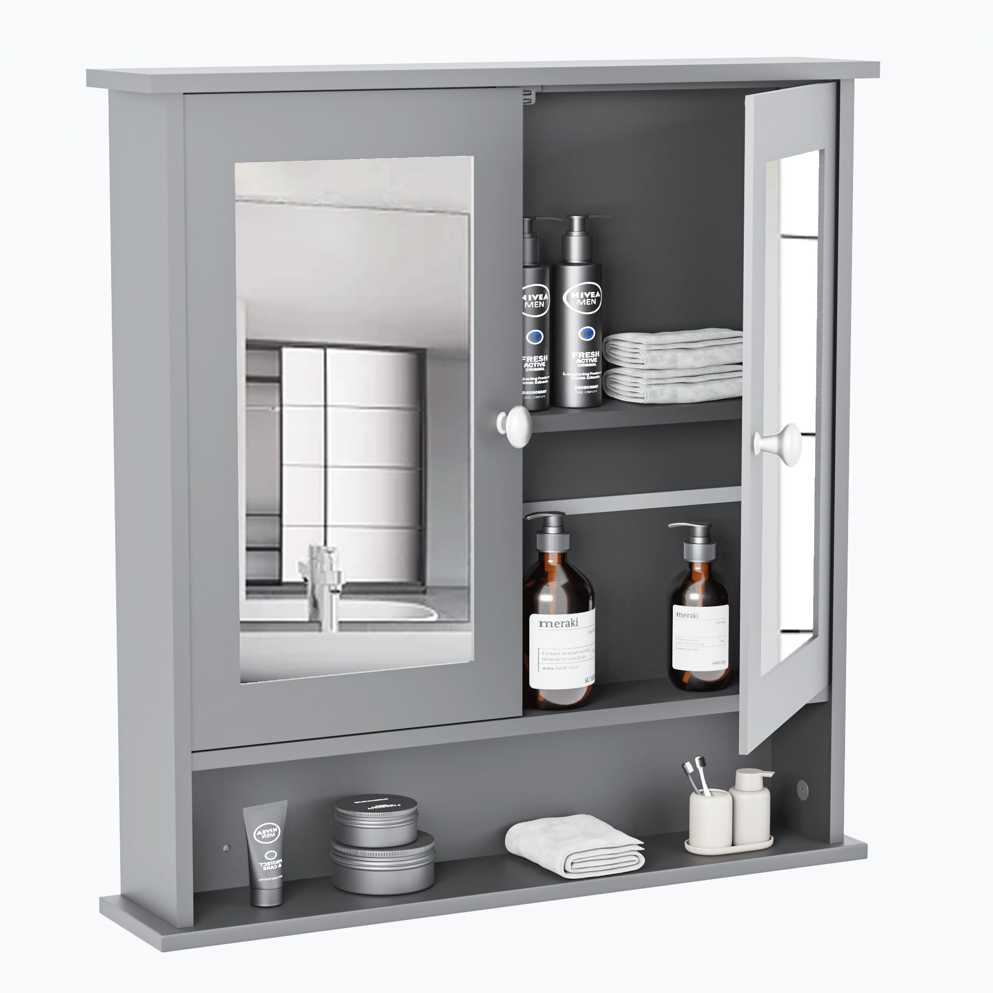 Lifetime Home Modern Bathroom Wall Cabinet with Mirror & Adjustable Shelf - Wall Mounted Utility Medicine Cabinet for Kitchen, Living Room Garage Laundry Room - Wooden Storage Over Sink Toilet