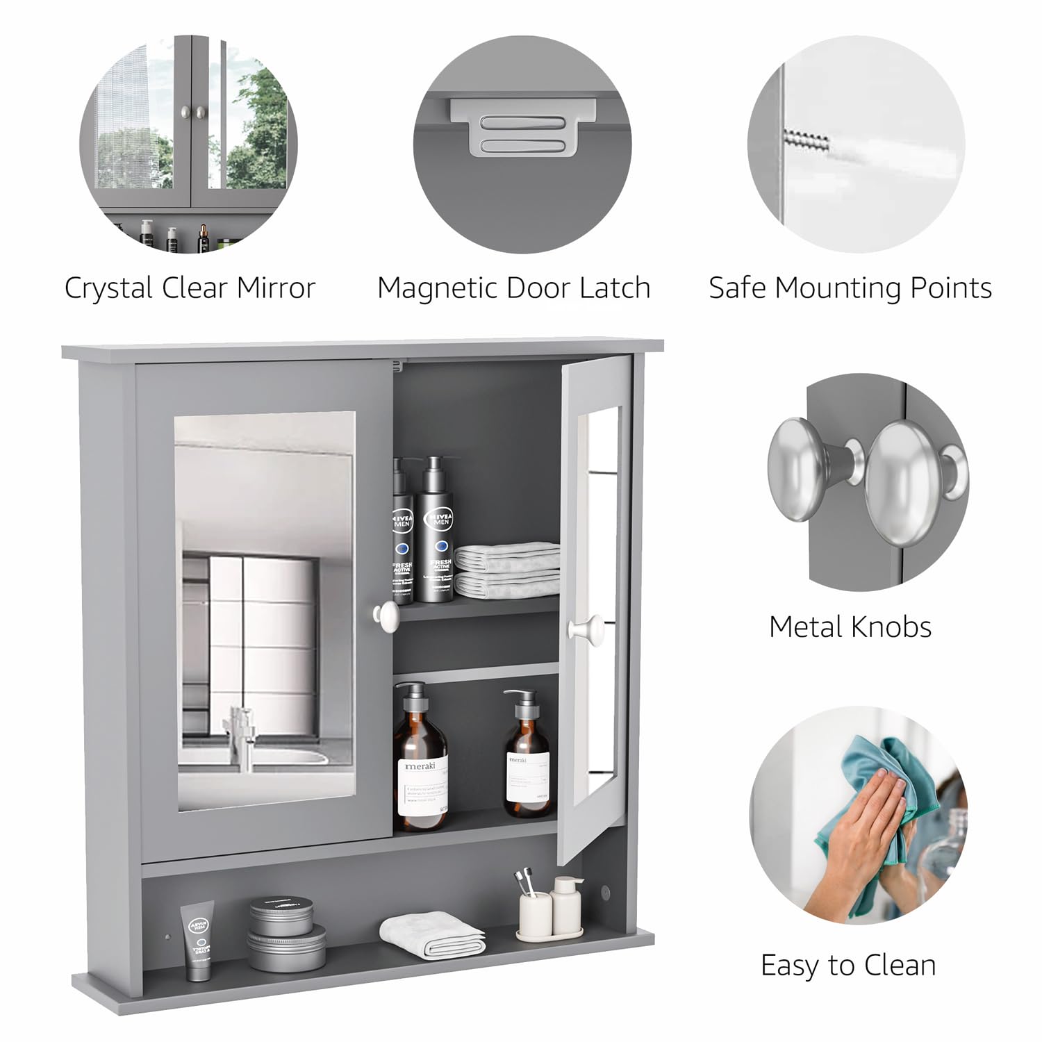 Lifetime Home Modern Bathroom Wall Cabinet with Mirror & Adjustable Shelf - Wall Mounted Utility Medicine Cabinet for Kitchen, Living Room Garage Laundry Room - Wooden Storage Over Sink Toilet